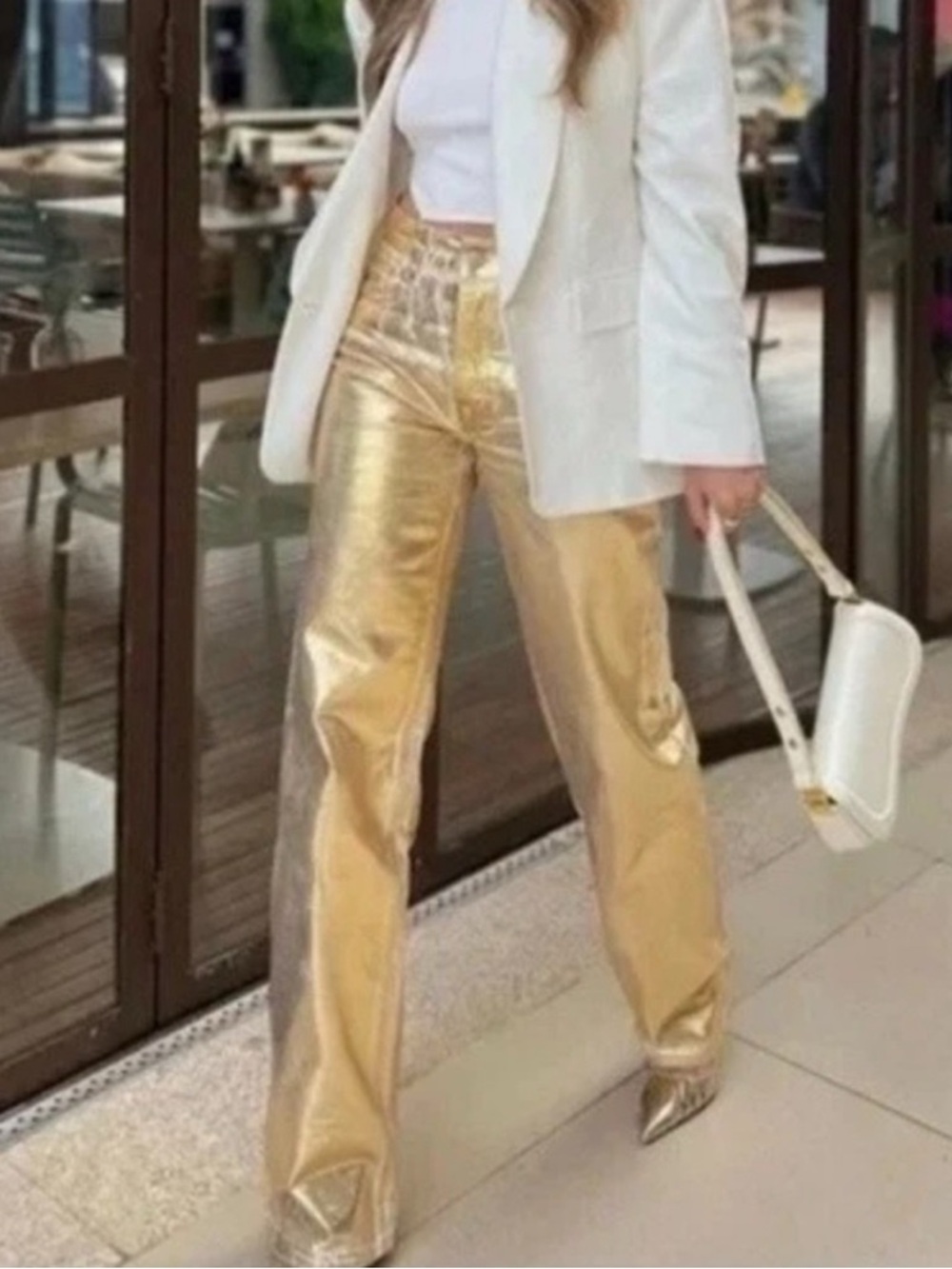 Zara Viral Gold/Cream Foil Jeans, the Boy Boy Fit from Signature Collection